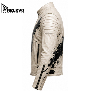 High Quality <b>Men</b> Off White and Black Paint Slash <b>Leather</b> Motorcycle <b>Jacket</b>, Streetwear Asymmetric Zipper Slim Fit Biker <b>Jacket</b> - Product Image 3