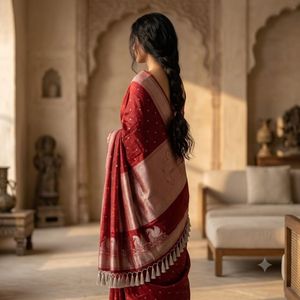 Royal <b>Red</b> Banarasi Silk Long Shawl <b>Saree</b> by NIRMETRA Women's Durable Daily Use All Seasons - Product Image 4