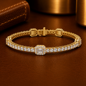 Emerald Cut Halo Tennis <b>Bracelet</b> Lab Grown Diamond Round Diamond DEF VS1 14K Yellow Gold Anniversary Gift Wholesale Manufacturer - Product Image 1
