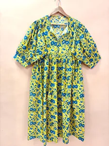 Women's <b>Loose</b> Fit Yellow Floral Print Cotton Midi <b>Dress</b> Tie-Neck Short Sleeve Casual Summer <b>Dress</b> Breathable Short <b>Dress</b> - Product Image 3