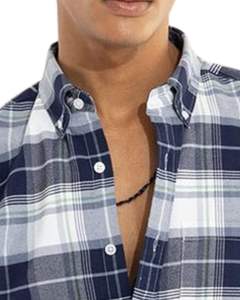 Chemise en coton à carreaux bleu marine, gris et blanc pour homme, manches longues, boutonnée, décontractée, coupe ajustée, fabrication OEM sur mesure - Product Image 4