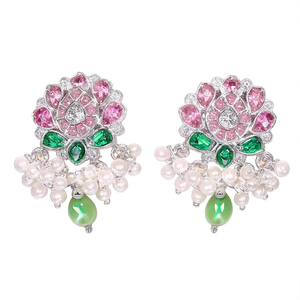 <b>Lotus</b> Kemp Stud Earrings with Green Beads-Classic Asscher Cut Diamond & <b>Pearl</b> Style - Product Image 3