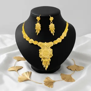 Conjunto de Collar y Pendientes de Latón Chapado en Oro de 24K con Diseño de Flor Africana, Joyería de Moda para Mujer con Cadena de Caja - Product Image 3