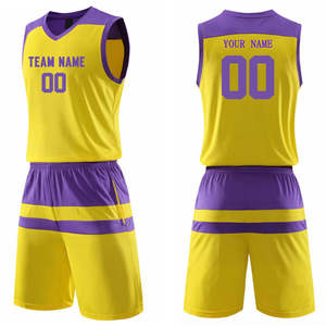 Uniforme de Baloncesto Personalizado Amarillo y Morado, Conjunto de Camiseta con Cuello en V y Pantalones Cortos para Hombre, Secado Rápido, Estilo Deportivo, Ropa de Equipo, Servicio OEM - Product Image 1