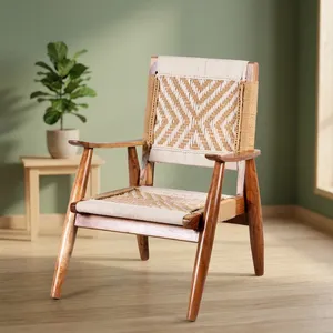 Vintage <b>Wooden</b> Armrest Chair with Handwoven Cotton Rope Backrest and Seat <b>Rustic</b> Indoor Lounge Furniture for Living Room Bedroom - Product Image 2