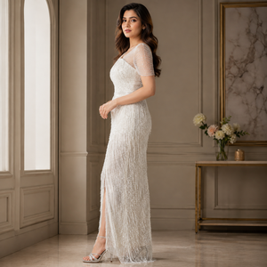 Luxury White One Shoulder Beaded Evening Gown for Women Fringe Mermaid Maxi Dress Formal Wedding Reception Party Prom Dress - Product Image 3