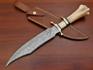 Cuchillo Bowie de Acero de Damasco Forjado a Mano con Mango de Hueso, Cuchillo de Caza con Funda de Cuero, Cuchillo de Damasco Hecho a Mano Personalizado, Regalo - Product Image 3