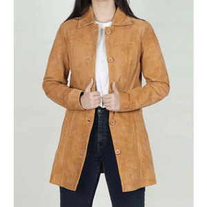 Abrigo de Cuero de Gamuza Genuina para Mujer, Corte Clásico Entallado, Chaqueta Trench de Longitud Media con 4 Botones - Product Image 4