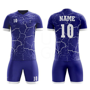 Conjunto de Camiseta y Pantalones Cortos de Fútbol Sublimados Personalizados para Hombre, Cuello en V, Manga Corta, Absorbe la Humedad, 100% Poliéster, Patrón Azul Agrietado, Número 10 - Product Image 3