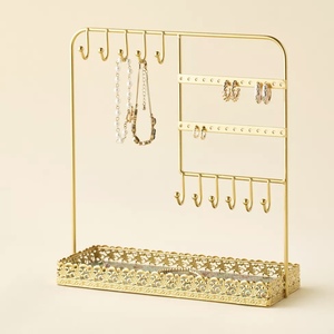 Gold Metal Jewelry Organizer with <b>Hooks</b> and Tray for Necklaces <b>Earrings</b> Rings Storage Display Stand - Product Image 4