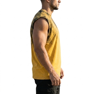 Men's Sleeveless Dip Dye Tank <b>Top</b> O-Neck Cotton Muscle Tee Casual Breathable Yellow Black Print Knitted Style - Product Image 2