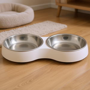 Ensemble d'alimentation pour animaux de compagnie en mélamine et acier inoxydable, 2 bols de 0,2 L, blanc, double bol pour animaux - Product Image 3