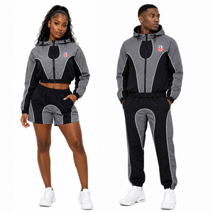 2026 Custom Men Women Hooded <b>Tracksuit</b> Set Grey Black Color Block Sportswear Jogging Suit Streetwear Windbreaker <b>Tracksuit</b> - Product Image 1