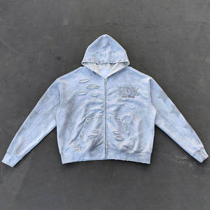 <b>Men</b>’s Oversized Full Zip Hoodie Laser Distressed Detail Rhinestone Star Sleeve Embellishment Embroidered Chest Graphic Hoodies - Product Image 1