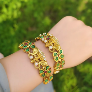 Ethnic Gold Plated Copper Brass <b>Bracelet</b> with Pearl and Geometric Flower Design - Product Image 3