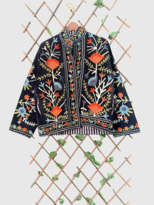 Veste en velours brodée à la main avec des motifs floraux, manches longues, col mandarin, taille plus, vêtements de printemps pour femmes - Product Image 1