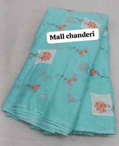 Tela de algodón para bordar de primera calidad, color azul cielo, tela de algodón Chanderi con un intrincado patrón de bordado floral y delicado. - Product Image 5
