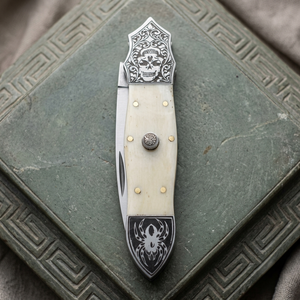 Custom OEM Stainless Steel Push Button Straight Clip Point Folding Pocket <b>Knife</b> Handmade <b>Bone</b> <b>Handle</b> EDC Hunting Fishing - Product Image 4