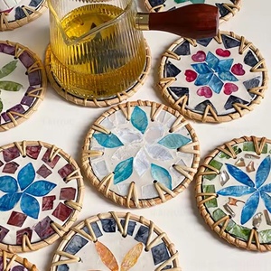 Handmade MOP Shell Inlay <b>Drink</b> <b>Coasters</b>, Mosaic Custom Mosaic Rattan Placemats <b>for</b> Home and Restaurant Tableware - Product Image 1