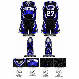 Ensemble d'uniformes de basket-ball personnalisés noir bleu blanc |   Maillot et short de basket-ball sublimés pour équipe |   Fabricant de vêtements de sport sur mesure - Product Image 5