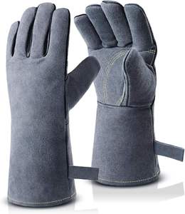 Heat Resistant Leather <b>Gloves</b> - Flame Retardant Welding Forge BBQ Grill <b>Gloves</b> with Insulated Lining, Gray - Product Image 2
