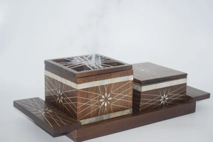 Ensemble de Bakhoor PearlAura Elite en bois avec incrustation de nacre, brûleur d'encens en mosaïque de coquillages pour intérieurs luxueux et sophistiqués - Product Image 2