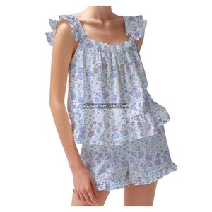 Ensembles de pyjama en coton à la mode bohème-Chemise en coton Printemps/Été Ensemble de pyjama à bretelles ajustées à volants et à fleurs - Product Image 5