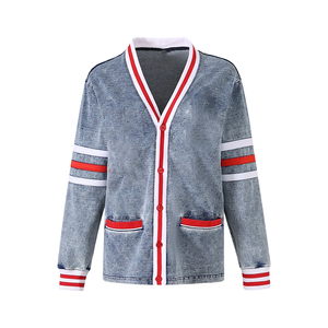 Delta Denim Varsity <b>Cardigan</b> Winter Thick Washed Blue V Neck Button Front Knit <b>Red</b> White Stripe Trim Custom Greek Letter Style - Product Image 1