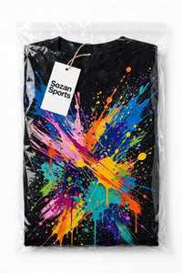 T-shirt pour homme noir à manches courtes et col rond en coton respirant, imprimé numérique motif éclaboussures de peinture abstraite colorées en X, style streetwear - Product Image 6