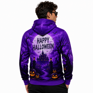 Sudadera con Capucha Personalizada Morada de Halloween con Diseño de Casa Encantada y Calabaza, Unisex, Sublimada, de Poliéster, Estilo Gótico Urbano - Product Image 2