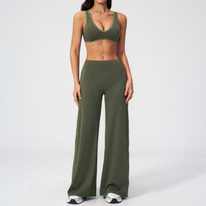 Olive Green 2Piece Yoga Set Racerback <b>Crop</b> <b>Top</b> High Waist Flared Pants Breathable Spandex Polyester Solid Color Contrast Binding - Product Image 1