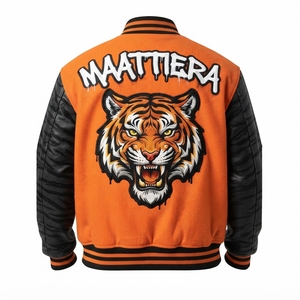 <b>Mens</b> Orange Tiger <b>Bomber</b> Jacket Embroidered Animal Design Black <b>Leather</b> Sleeves Custom Streetwear Fashion Outerwear - Product Image 3
