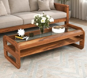 Mid-Century Modern Curved Wooden Living Room <b>Table</b> | 2-Tier Wood Glass Insert Center <b>Table</b> | Retro Long Glass Top Coffee <b>Table</b> - Product Image 1