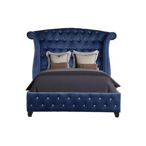 Letto matrimoniale moderno in velluto blu con trapuntatura a cristallo e struttura in legno, mobili imbottiti contemporanei - Product Image 2