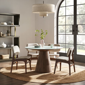 Durable <b>4</b>-Piece Midcentury Modern Wooden <b>Dining</b> Room <b>Set</b> with <b>Round</b> <b>Table</b> and Solid Back Chairs - Product Image 1