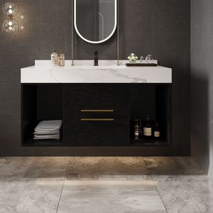 Mobile bagno sospeso da parete da 100 cm con 2 cassetti e 2 vani portaoggetti, lavabo in ceramica e mobiletto contenitore - Product Image 1