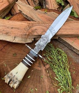 Couteau de chasse à lame fixe en acier D2 gravé à la main, type Bowie, couteau américain Dogger, couteau à ciseau avec entretoises, manche en os - Product Image 2