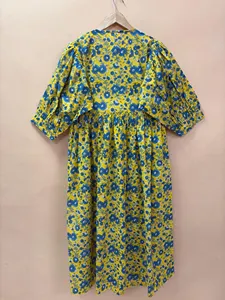 Women's <b>Loose</b> Fit Yellow Floral Print Cotton Midi <b>Dress</b> Tie-Neck Short Sleeve Casual Summer <b>Dress</b> Breathable Short <b>Dress</b> - Product Image 2