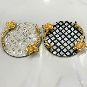 Handcrafted Luxury Round Rattan <b>Serving</b> <b>Tray</b> Mother Of Pearl Inlay <b>Black</b> & White Geometric Pattern Decorative Home Decor On Sale - Product Image 3