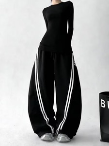 Black Contrast Side Stripe Double Bar Straight Leg Flat Front <b>Summer</b> Women's Fashion Casual Trendy Street Long <b>Pants</b> - Product Image 2