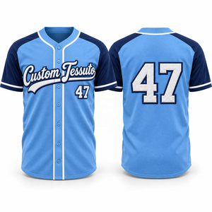 Camiseta de Béisbol para Hombre TESSUTO, Azul Cielo Marino, Manga Corta Raglán, Apliques, Botones al Frente, Ribete Blanco, 100% Poliéster, Secado Rápido - Product Image 1