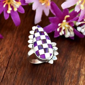 Purple Checkerboard <b>Turquoise</b> <b>Ring</b> 925 Sterling Silver Statement Geometric Inlay <b>Ring</b> Teardrop Stone Mosaic Fine <b>RIng</b> Jewelry - Product Image 3