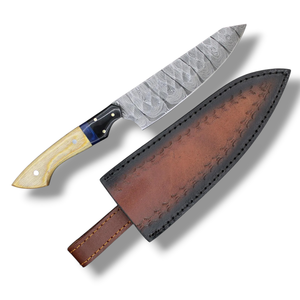 Couteau de chef personnalisé en acier Damas forgé à la main avec étui en cuir, lame pleine longueur, haute dureté, extra tranchant, manche en os et résine - Product Image 1