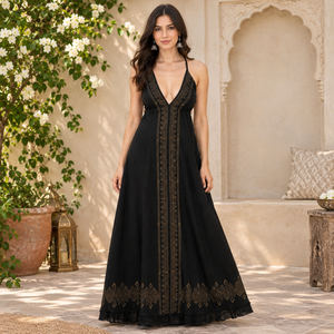 Midnight Embroidered <b>Maxi</b> <b>Dresses</b> | Women Deep V Neck Adjustable Strap Boho Summer Beach Resort Vacation Casual <b>Long</b> <b>Dress</b> <b>Black</b> - Product Image 2