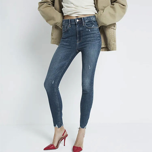 Jean en denim personnalisé pour femme, taille haute, bleu clair, coupe crayon, en coton, décontracté, grande taille, hiver, effet usé - Product Image 5