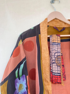 Kimono vintage en soie bleu et marron fait à la main avec ceinture fabuleuse pour la vie quotidienne en été automne printemps - Product Image 2