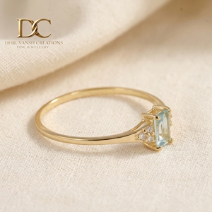 Anillo de Oro Amarillo Sólido de 14 Quilates con Diamante Cultivado en Laboratorio y Aguamarina, Joyería Fina Especial para Mujer - Product Image 3