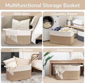 Modern Eco-Friendly <b>Foldable</b> 75L Large Woven Cotton Rope Storage <b>Basket</b> 21.6x14.9x11.8 Inches Rectangle White Light Brown - Product Image 4