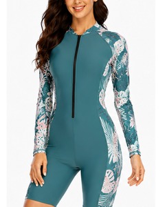 Combinaison de triathlon à manches longues pour femmes, imprimé floral turquoise, anti-UV, fermeture éclair intégrale - Product Image 1