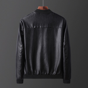 Blouson Bomber en Cuir Bordeaux pour Homme, Col Montant, Fermeture Éclair, Style Décontracté Automne, Couleur Unie, Manches Classiques - Product Image 4